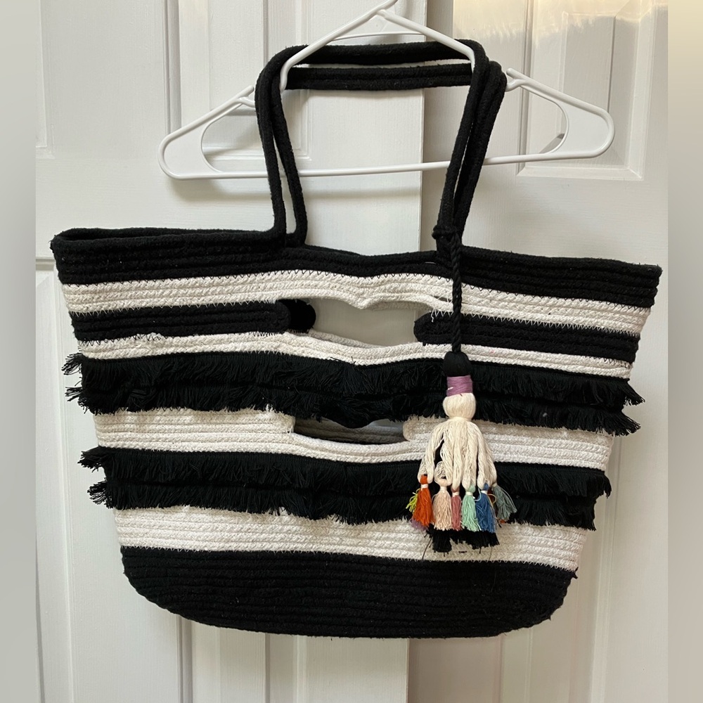 Stella & Dot large black/cream stripe Woven Cotton Cord. Bohemian Fringe tassels
